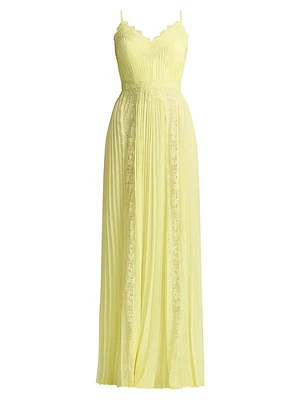Lace-Trimmed Pleated Chiffon Gown