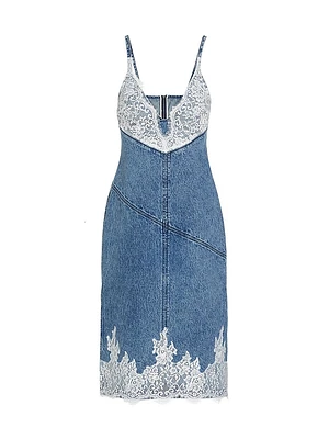 Lace-Embellished Denim Midi-Dress