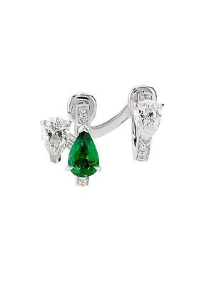 Serti Sur Vide 18K White Gold, 0.52 TCW Diamond & Emerald Single Huggie Hoop Earring - Left Or Right