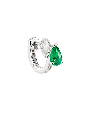Serti Sur Vide 18K White Gold, Emerald & 0.28 TCW Diamond Single Huggie Hoop Earring - Left Or Right