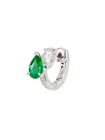 Serti Sur Vide 18K White Gold, Emerald & 0.28 TCW Diamond Single Huggie Hoop Earring - Left Or Right