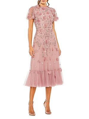 Sequined Floral Tulle Midi-Dress