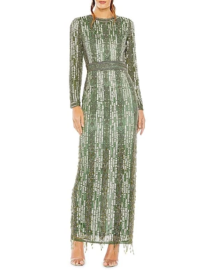 Crystal-Embellished Long-Sleeve Column Gown