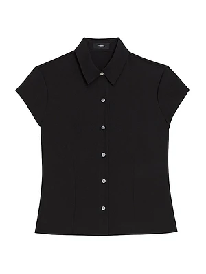Cap-Sleeve Silk Button-Front Shirt