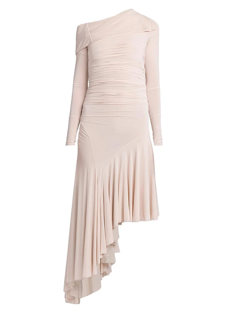 Asymmetric Long-Sleeve Midi-Dress
