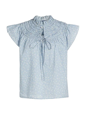 Floral Cotton Voile Short-Sleeve Blouse