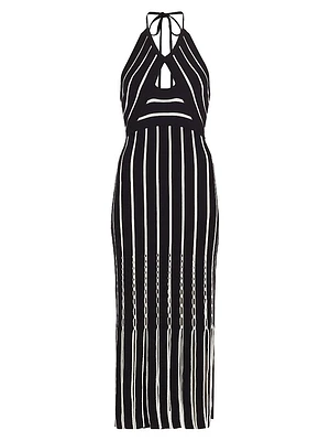 Frida Fringed Striped Cotton Halterneck Midi-Dress