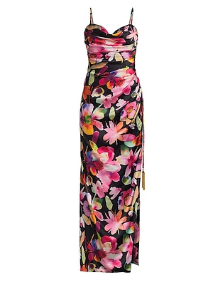 Floral Ruched Sateen Column Gown