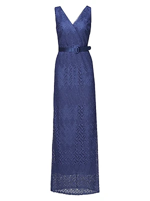 Hendrix Belted Lace Column Gown