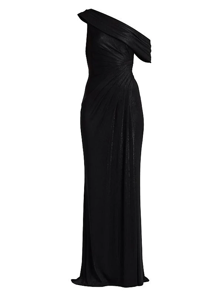 Metallic Jersey Off-the-Shoulder Column Gown