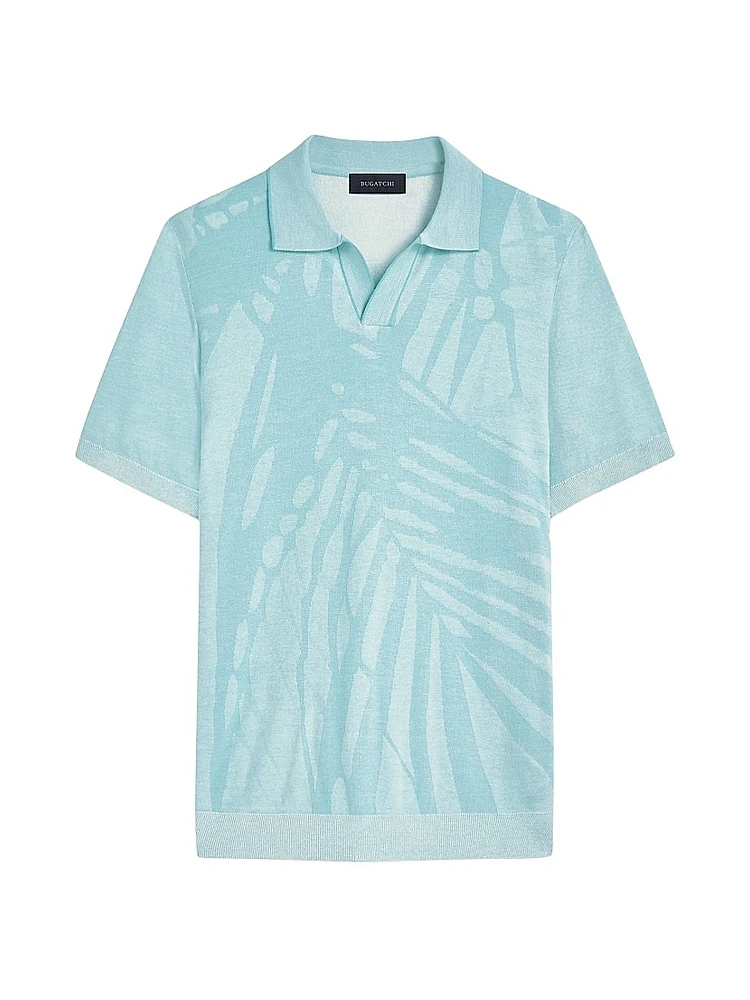 Palm-Print Johnny Collar Short-Sleeve Polo Sweater