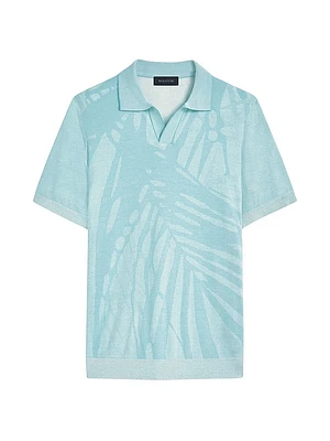 Palm-Print Johnny Collar Short-Sleeve Polo Sweater