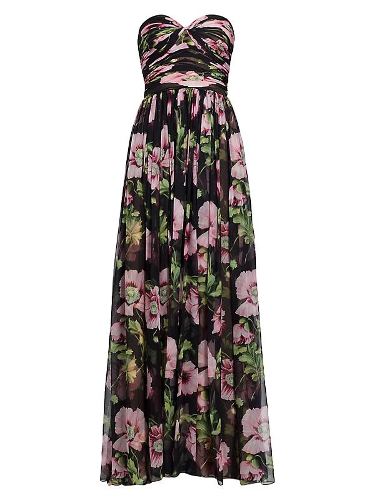 Poppies Silk Chiffon Strapless Gown
