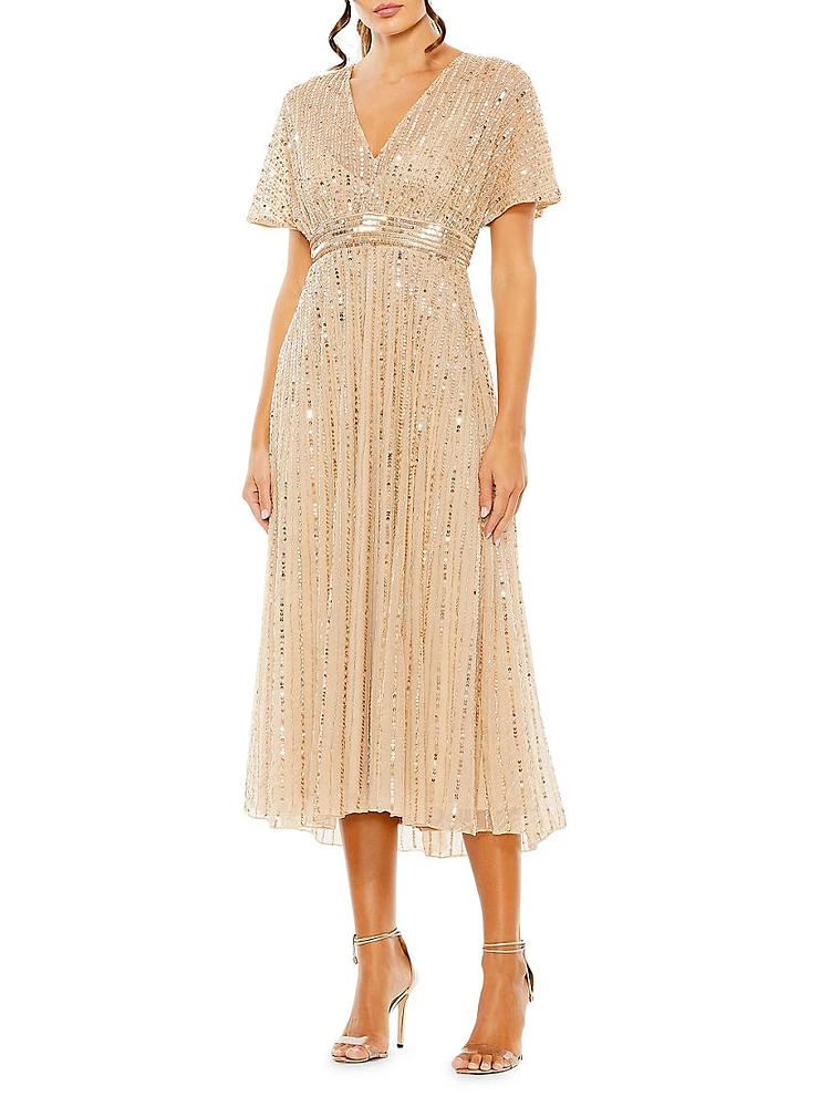 Sequined Short-Sleeve Midi-Dress