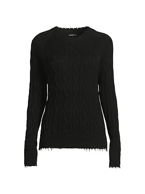 Frayed Cable-Knit Crewneck Sweater