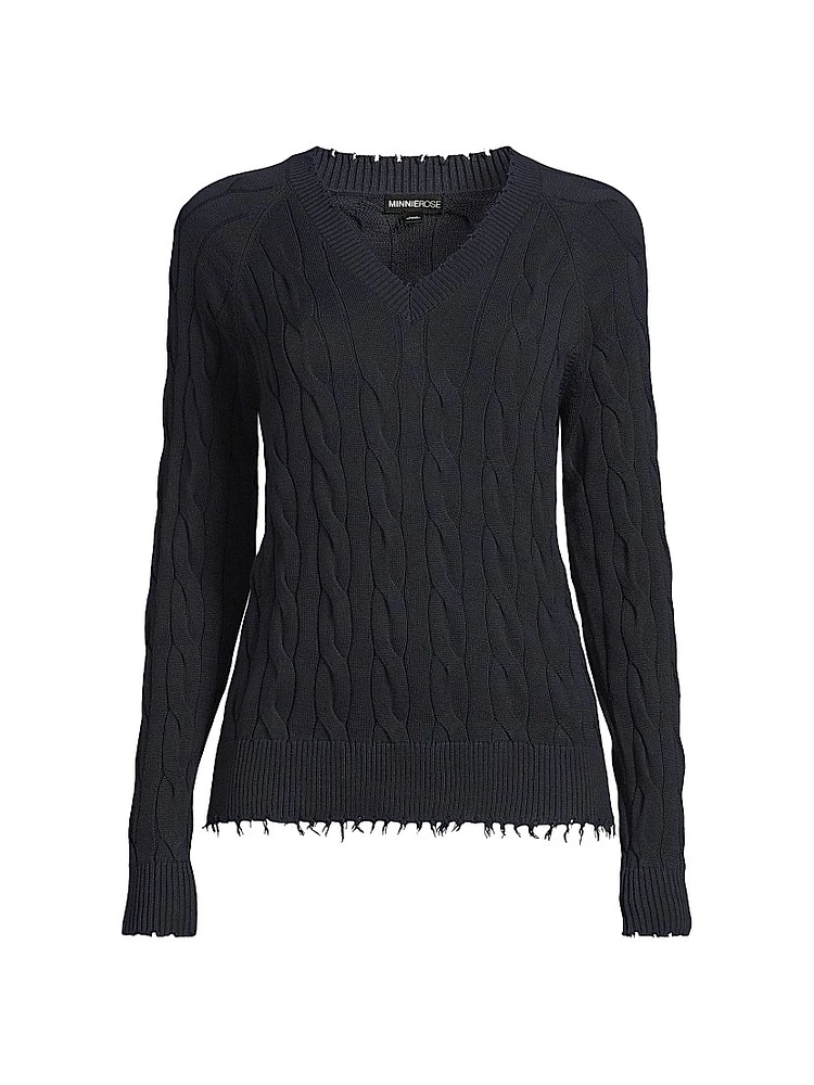 Cotton Cable-Knit Frayed-Trim Sweater