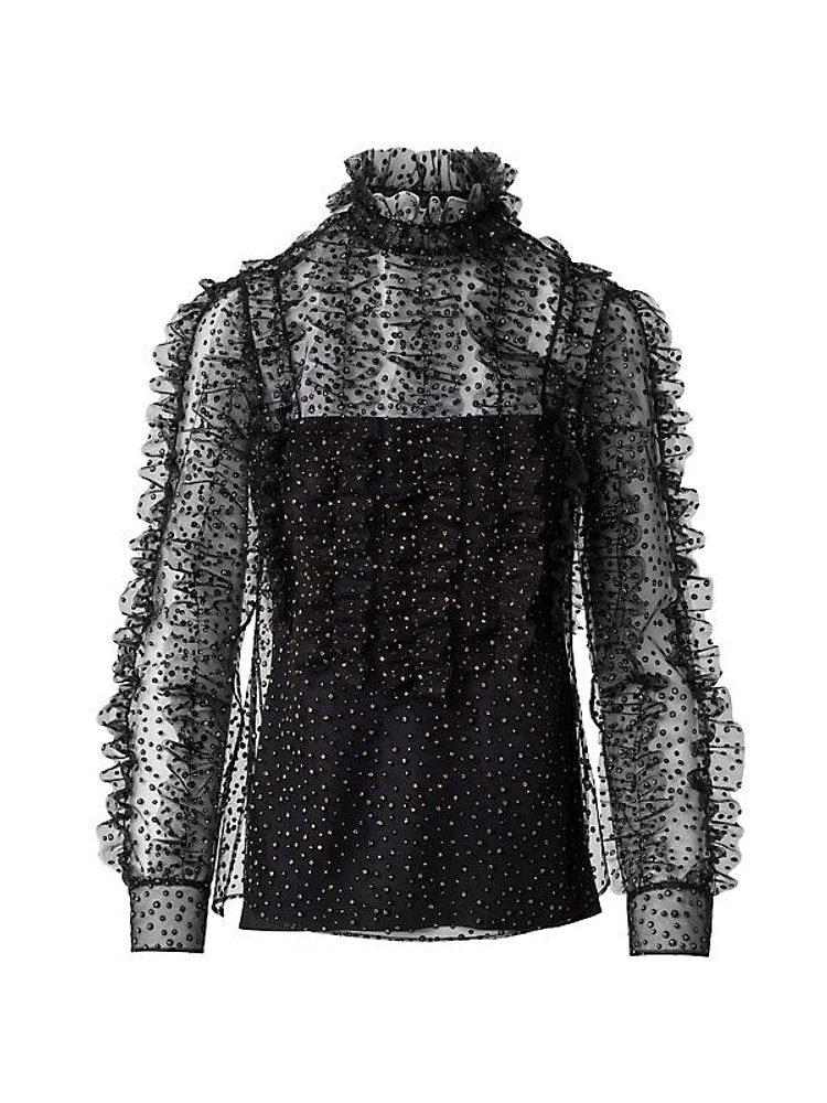 Metallic-Dot Ruffled Tulle Blouse