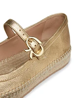 Metallic Leather Ribbon-Buckle Ballerina Flats
