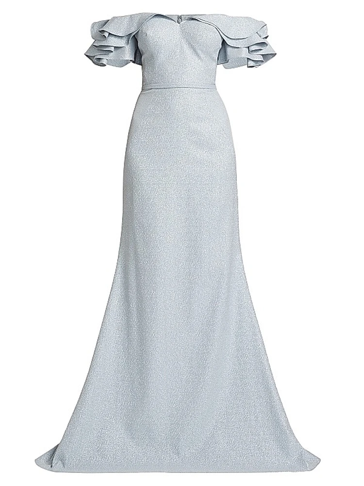 Jacquard Cascade Ruffle-Sleeve Gown