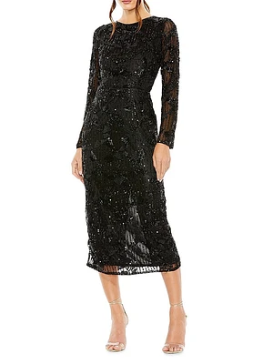 Beaded Long-Sleeve Midi-Dress