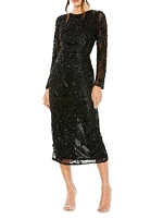 Beaded Long-Sleeve Midi-Dress