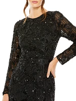 Beaded Long-Sleeve Midi-Dress