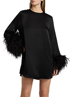 Double-Face Satin Feather-Cuff Minidress