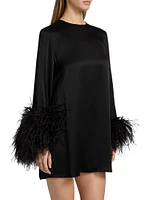 Double-Face Satin Feather-Cuff Minidress