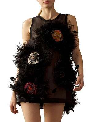 Feather-Embellished Organza Minidress