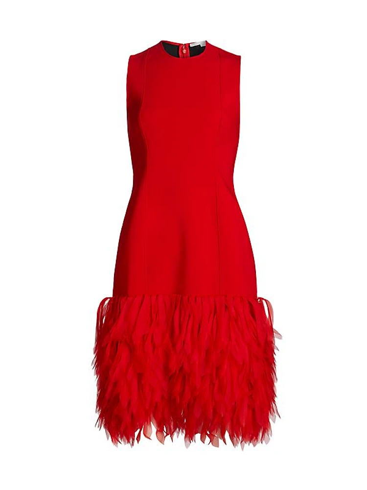 Faux Feather-Trimmed Sleeveless Midi-Dress