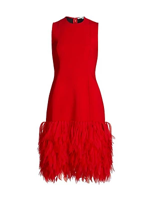 Faux Feather-Trimmed Sleeveless Midi-Dress