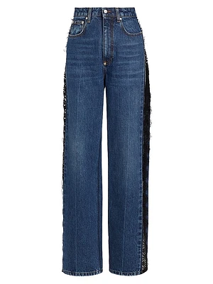 Lace-Detailed Rigid Straight Jeans