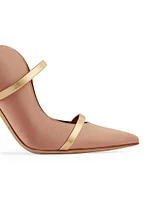 Maureen 100MM Satin Mules with Mirror Leather Straps