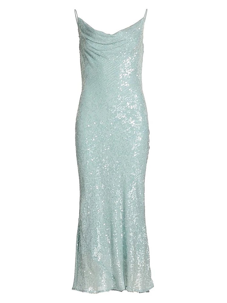 Sequin Viscose Cowlneck Midi-Dress