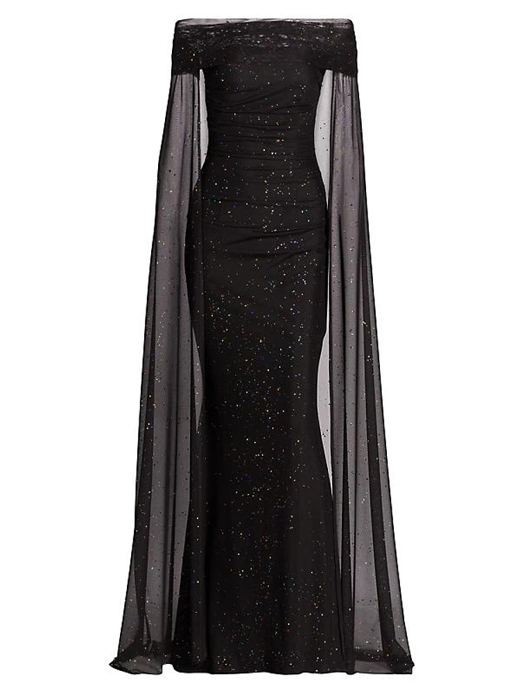Confetti Tulle Off-The-Shoulder Cape Gown