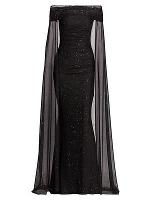 Confetti Tulle Off-The-Shoulder Cape Gown