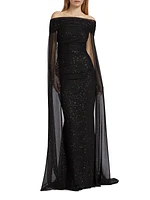 Confetti Tulle Off-The-Shoulder Cape Gown