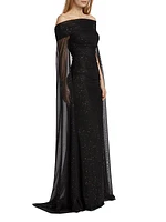 Confetti Tulle Off-The-Shoulder Cape Gown