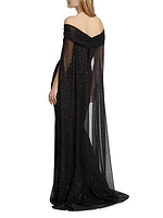 Confetti Tulle Off-The-Shoulder Cape Gown
