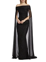 Confetti Tulle Off-The-Shoulder Cape Gown