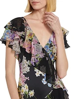 Floral Chiffon Diagonal Ruffle Gown