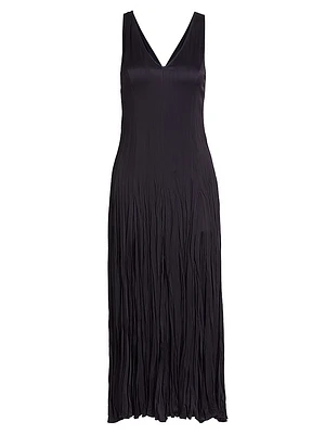 Satin Pleated V-Neck Midi Dress