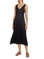 Satin Pleated V-Neck Midi Dress