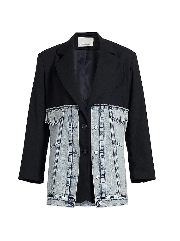 Hybird Mixed-Media Denim Oversized Blazer
