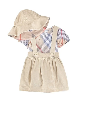 Baby Girl's 3-Piece Corduroy Bucket Hat, Check Bodysuit & Skirt Set
