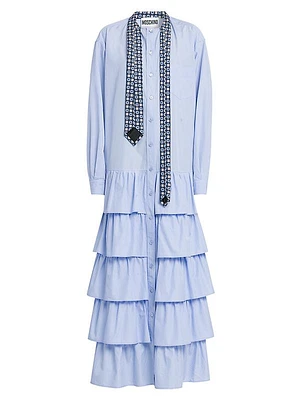 Tie Poplin Cotton Ruffle Shirtdress