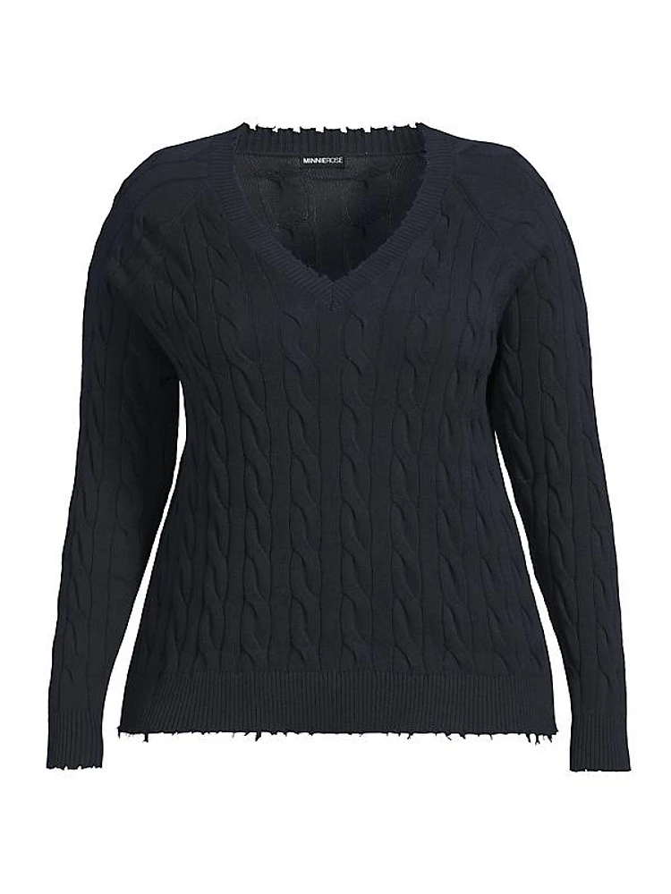 Frayed Cable-Knit V-Neck Sweater