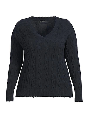 Frayed Cable-Knit V-Neck Sweater