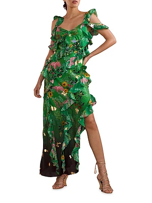 Silk Asymmetrical Hem Ruffle Maxi Dress