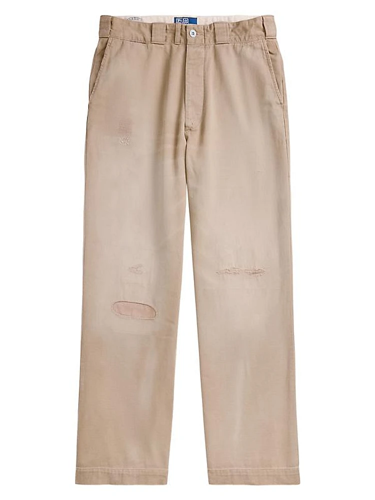 Distressed Cotton Flat-Front Pants